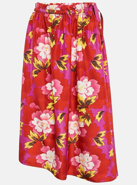 Kenzo Red Floral Print Silk High-Low Midi Skirt M
