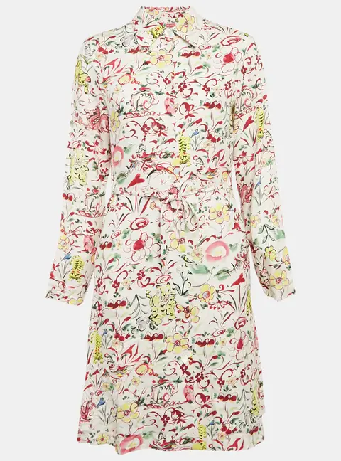 Kenzo White Printed Viscose Button Front Belted Dress S
