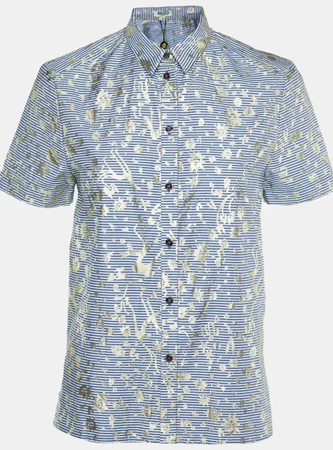 Kenzo Blue/White Metallic Print Cotton Short Sleeve Shirt S