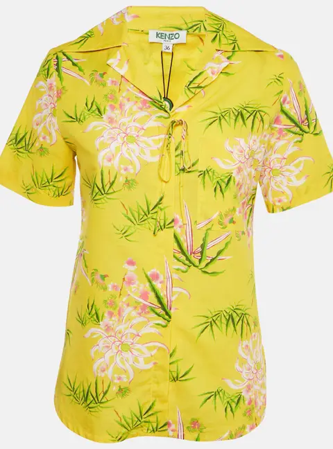 Kenzo Yellow Floral Print Cotton Hawaiian Shirt S