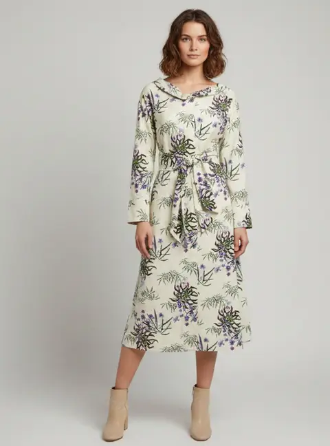 Kenzo Cream Floral Print Cotton and Linen Blend Belted Midi Dress L