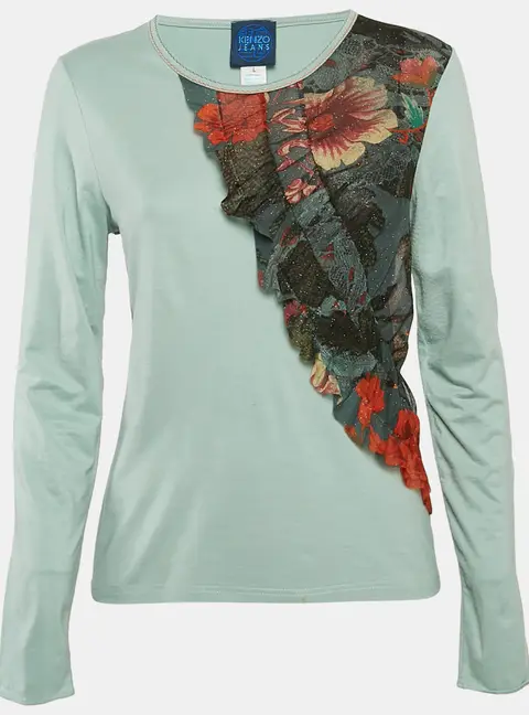 Kenzo Jeans Blue Mesh Trim Jersey Long Sleeve T-Shirt L