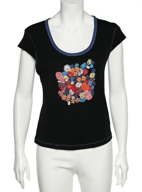 Kenzo Jeans Midnight Blue Embroidered Cotton Knit Scoop Neck T-Shirt XL