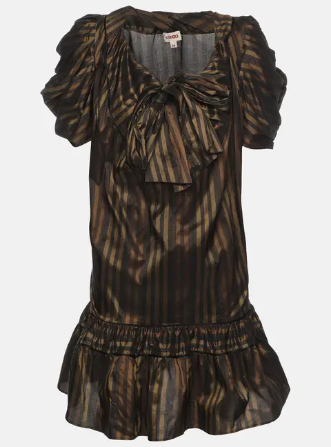 Kenzo Brown Striped Silk Blend Bow Detail Ruffled Blouse S