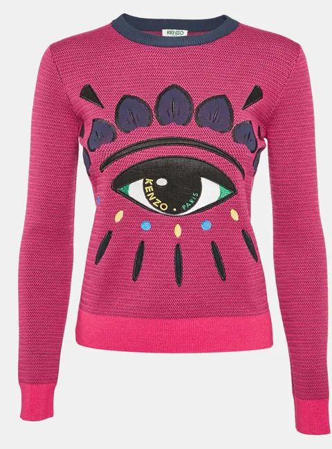 Kenzo Pink Logo Eye Embroidered Wool Knit Crew Neck Sweater XS