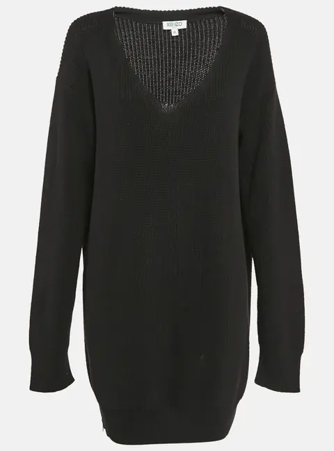 Kenzo Black Rib Knit Zipper Detail V-Neck Sweater Dress XL