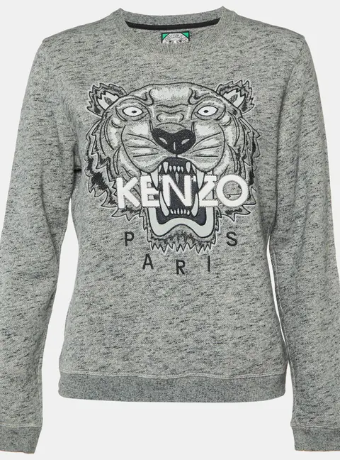 Kenzo Grey Tiger Embroidered Melange Cotton Sweatshirt L