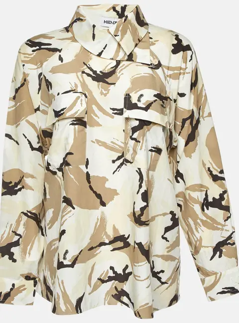Kenzo Beige Camouflage Print Silk Blend Asymmetric Shirt S
