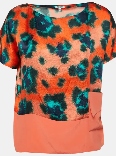 Kenzo Orange Printed Silk Relaxed Fit Blouse S