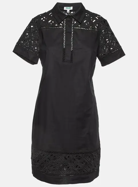 Kenzo Black Cotton Poplin Lace Detailed Short Sleeve Dress M