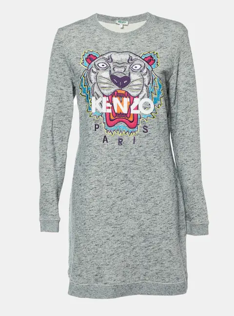 Kenzo Grey Melange Knit Tiger Embroidered Sweater Dress L
