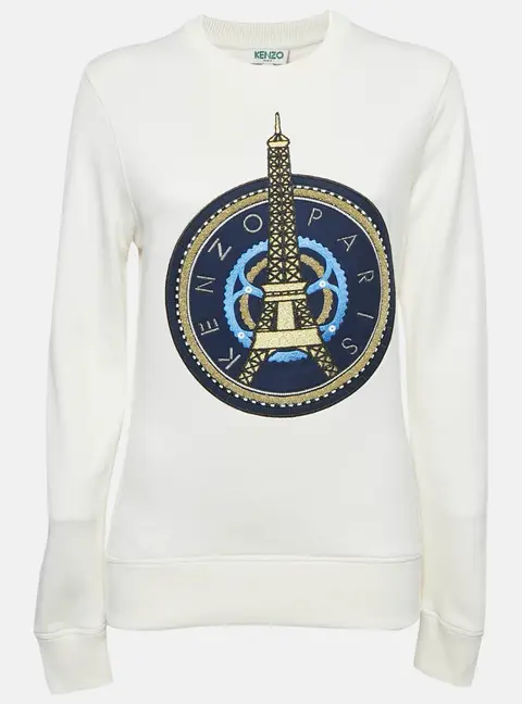 Kenzo Off-White Eiffel Tower Embroidery Cotton Crew Neck Sweatshirt S