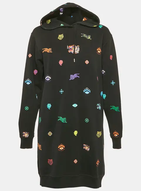 Kenzo Black Tiger Print Cotton Knit Hooded Mini Dress S