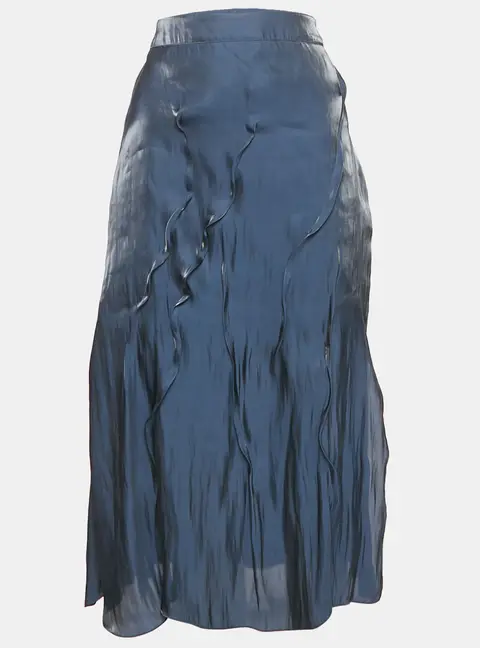 Kenzo Navy Blue Satin Wavy Pin Tucked Midi Skirt M