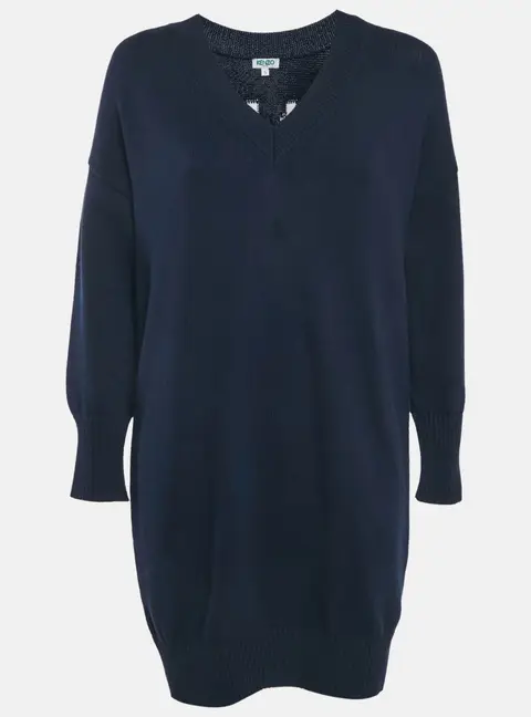 Kenzo Navy Blue Logo Intarsia Rib Knit Mini Sweater Dress S