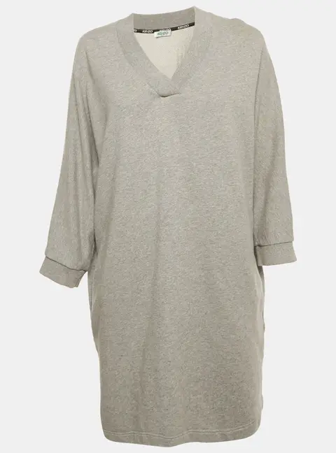 Kenzo Grey Cotton Knit V-Neck Sweatshirt Dress L