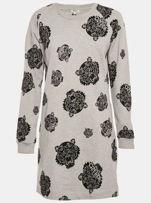 Kenzo Grey Flocked Triger Print Knit Mini Sweater Dress S