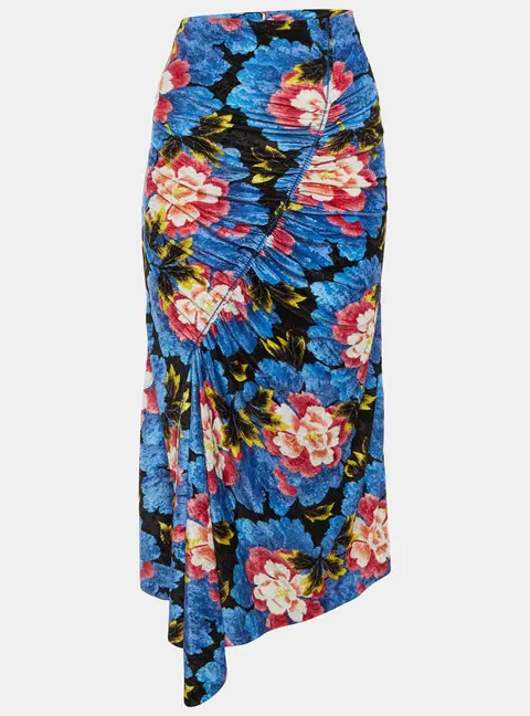 Kenzo Blue Floral Printed Velvet Ruched Midi Skirt M