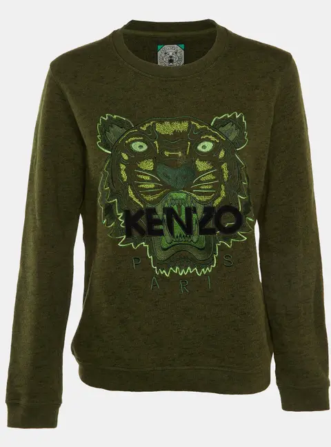 Kenzo Green Melange Cotton Tiger Embroidered Sweatshirt L