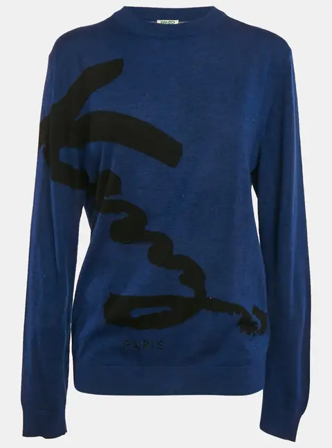 Kenzo Blue Logo Intarsia Wool Knit Crewneck Sweater M