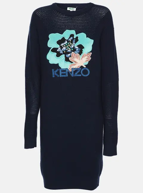 Kenzo Navy Blue Wool Knit Logo Embellished Sweater S