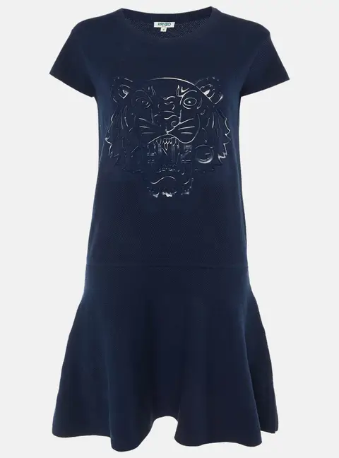 Kenzo Navy Blue Cotton Knit Tiger Head Applique Short Dress S