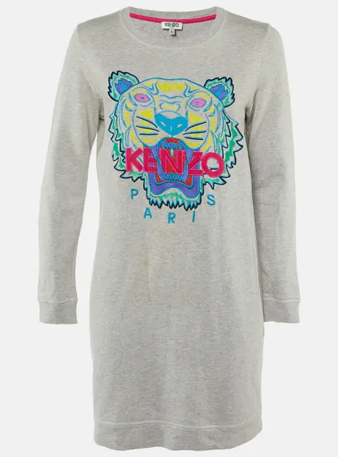Kenzo Grey Tiger Head Embroidered Cotton Sweatshirt Mini Dress S