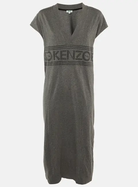 Kenzo Grey Cotton Logo Applique T-Shirt Midi Dress S