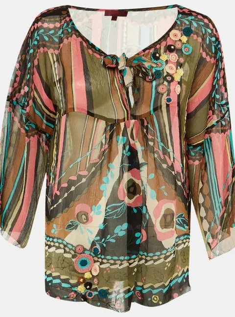 Kenzo Multicolor Printed Silk Applique Detail Top L