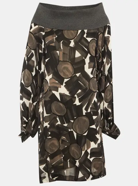 Kenzo Brown /Black Printed Crepe High Neck Mini Dress M
