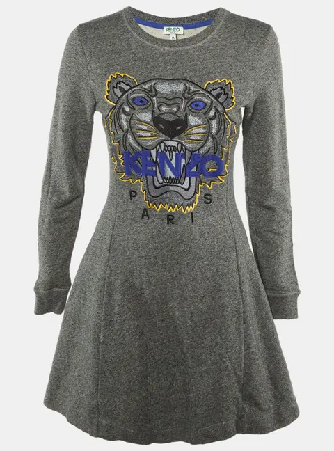 Kenzo Grey Tiger Embroidered Cotton Sweater Dress M