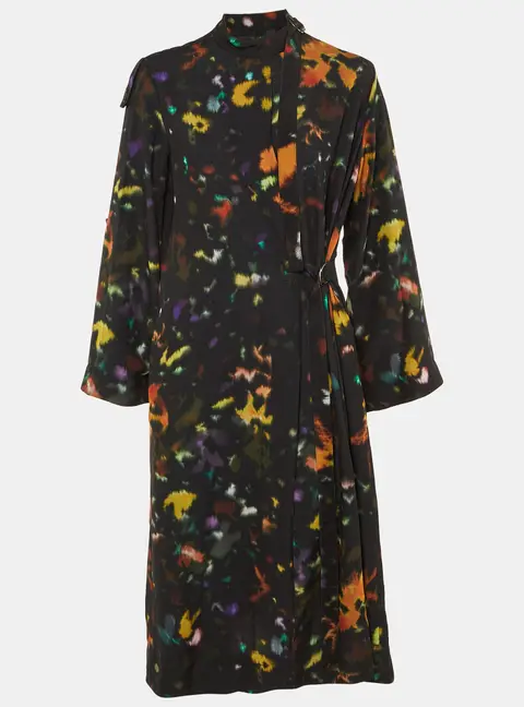 Kenzo Black Printed Crepe Wrap Midi Dress M