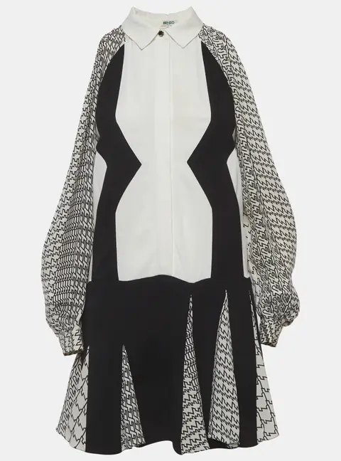 Kenzo Monochrome Abstract Pattern Silk & Crepe Flared Mini Dress S