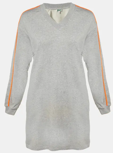 Kenzo Grey Cotton Jersey V-Neck Sweatshirt Dress XS