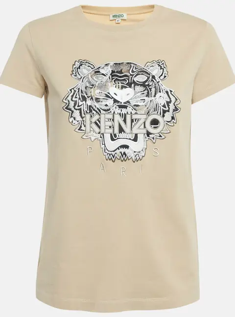 Kenzo Beige Tiger Embroidered Cotton T-Shirt XS