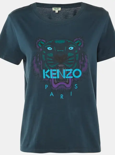 Kenzo Teal Tiger Logo Print Jersey Crew Neck T-Shirt L
