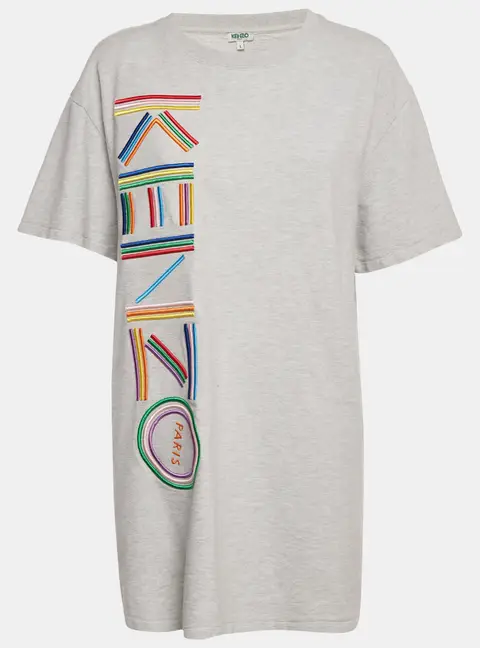 Kenzo Grey Logo Embroidered Cotton Knit Mini Dress L