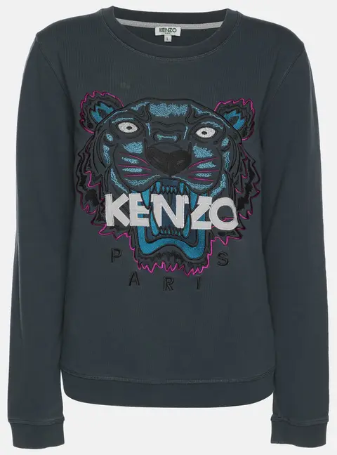 Kenzo Teal Blue Tiger & Logo Embroidered Knit Sweatshirt L