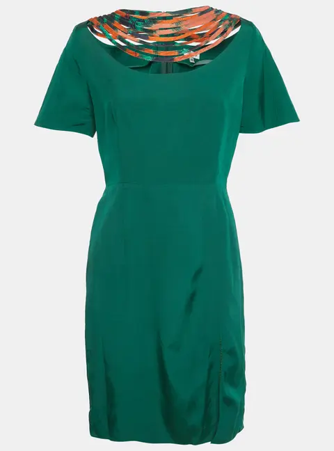 Kenzo Green Crepe Neck Detail Mini Dress L