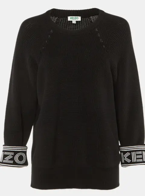 Kenzo Black Logo Intarsia Cotton & Wool Knit Crew Neck Sweater L