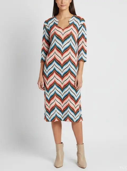 Kenzo Multicolor Crepe Chevron Pattern Midi Dress S