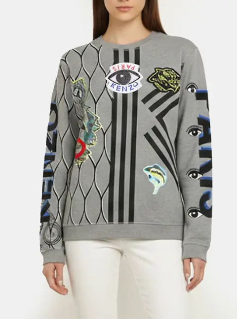 Kenzo Grey Multicolor Embroidered Jersey Sweater L