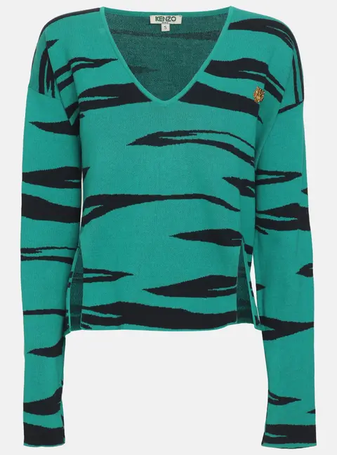 Kenzo Green/Navy Blue Tiger Print Jersey Cropped Sweater S
