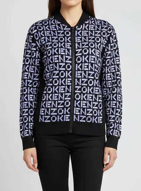 Kenzo Black/Purple Monogram Jacquard Knit Zip Up Jacket S