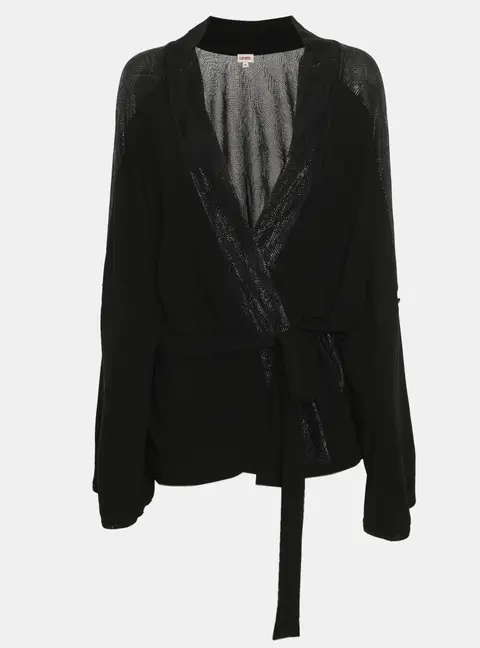 Kenzo Black Metallic Satin and Knit Belted Cardigan M