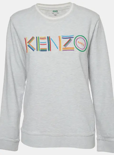 Kenzo Grey Multicolour Logo Embroidered Jersey Crewneck Sweatshirt M