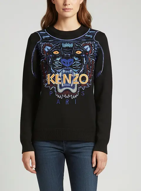 Kenzo Black Knit Embroidery Long Sleeve Sweatshirt XS