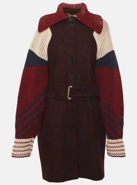 Kenzo Burgundy/Multicolor Wool Blend and Rib Knit Belted Trench Coat M