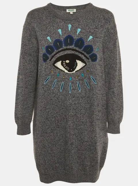 Kenzo Blue Logo Eye Intarsia Wool Knit Mini Sweater Dress L