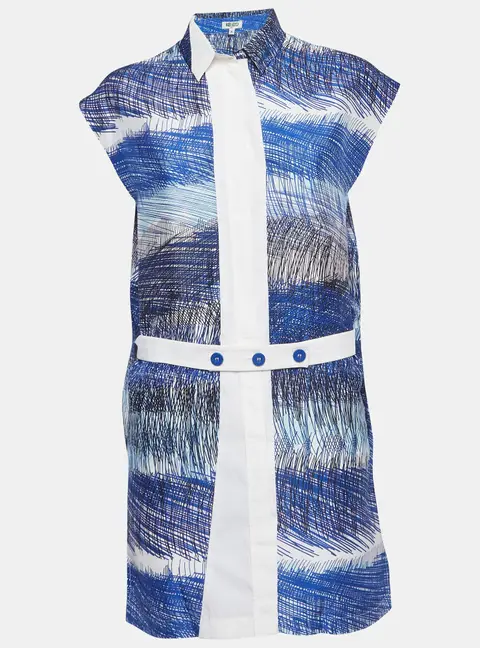 Kenzo Blue Abstract Print Chiffon Mini Shirt Dress S